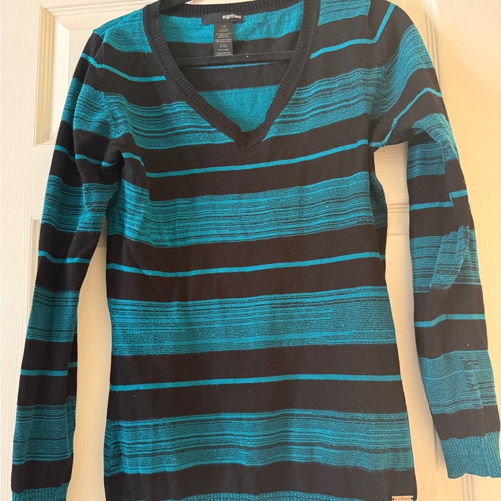 Black and Teal Striped V-Neck Sweater